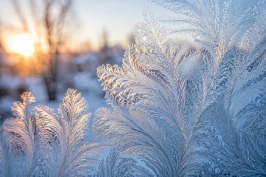 Frosted windowpane with feather-like ice patterns in morning light.