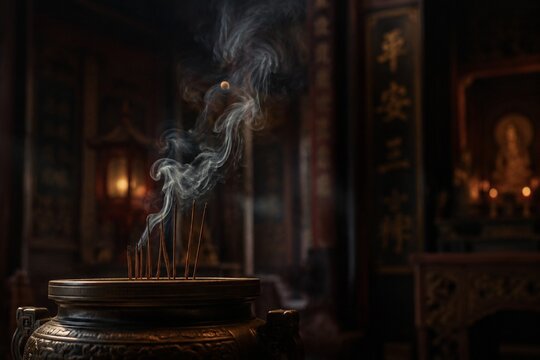 Inside an ancient temple, a thin wisp of smoke rises from an incense burner.