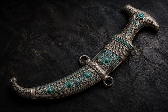Curved dagger with intricate arabesque patterns and turquoise inlaid scabbard.