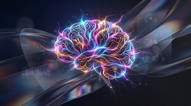 Glowing artificial intelligence brain. Digital neural network concept with vibrant light.