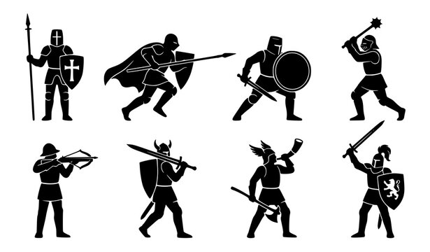 Collection of black armored knight silhouettes featuring warriors wielding spear, crossbow, sword, mace, and axe in dynamic combat poses