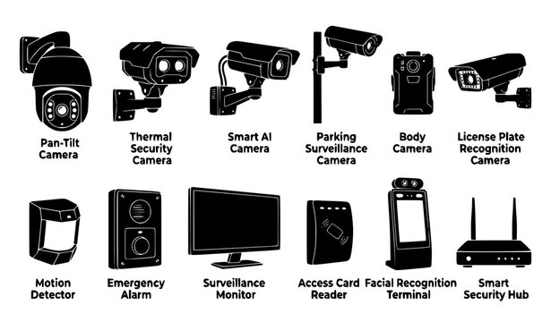 Illustrated set of twelve labeled security devices including pan tilt camera, thermal camera, body camera, motion detector, and access card reader
