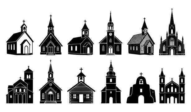 Illustrated set of twelve black church silhouettes showing diverse architectural styles including cathedral, mission chapel, log church, and bell tower