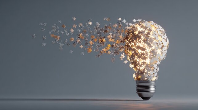 Creative Concept of Light Bulb with Puzzles and Glowing Particles Illustrating Ideas and Inspiration in Modern Design