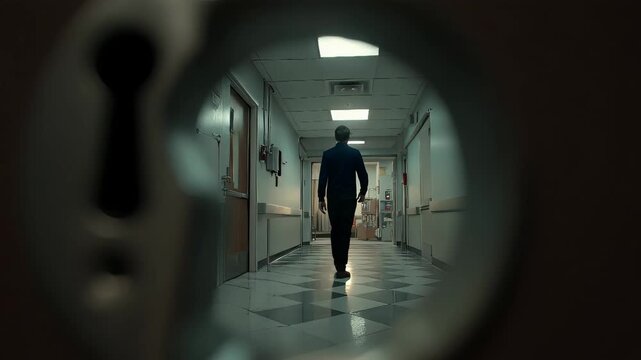 Peeking through a keyhole into a dimly lit hospital corridor with medical equipment