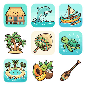 Kawaii Tokelau island icon set featuring traditional fale hut, jumping dolphin, vaka boat, palm trees, woven fan, sea turtle, coral atoll, tropical fruits, and carved wooden paddle.