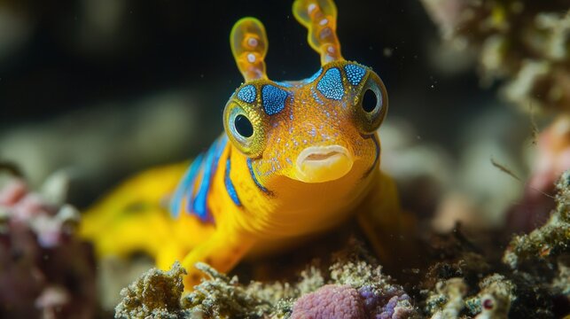 Close-up of a vibrant yellow and blue fish with unique head appendages, perched on a coral reef.