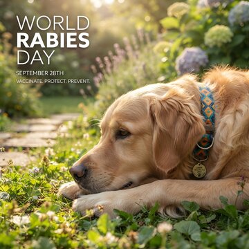 Golden retriever dog resting on green grass for world rabies day awareness event in summer