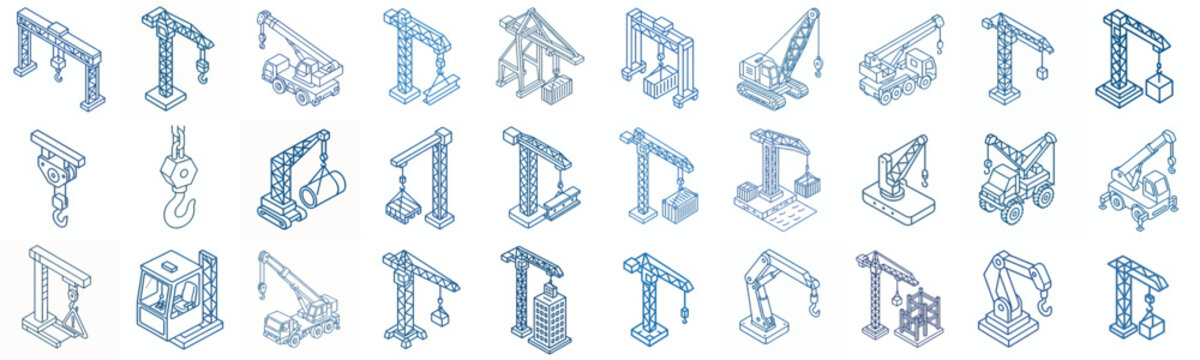 minimalist isometric line art vector blue crane icon