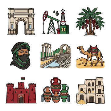 Libya cultural icons set with Arch of Marcus Aurelius, Leptis Magna ruins, oil industry, Tuareg man, Red Castle, camel, date palms, Ghadames architecture, and traditional pottery.