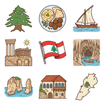 Lebanese cultural icons illustration set featuring the cedar tree, hummus and falafel, Phoenician ship, Baalbek ruins, national flag, Jeita Grotto, Raouche Rocks, and geographic map.