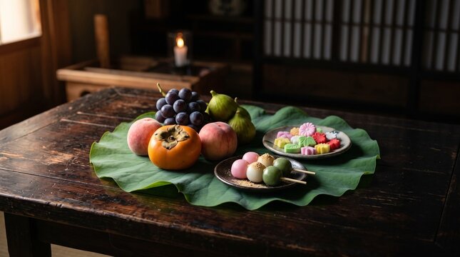 Traditional Japanese Autumnal Table Setting with Dango and Fresh Fruit