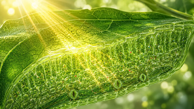 Cross section of plant leaf tissue under sunlight, 3D scientific illustration