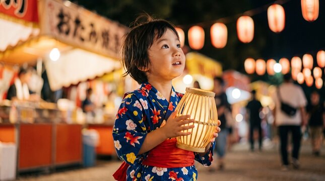 Cute Japanese child in yukata holding a traditional lantern at a night summer festival