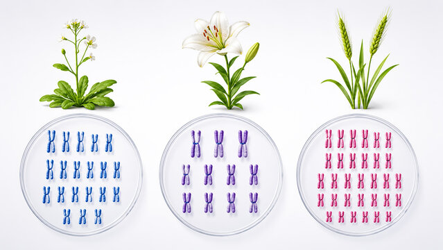 Comparison of plant chromosome sets in different species, 3D scientific illustration