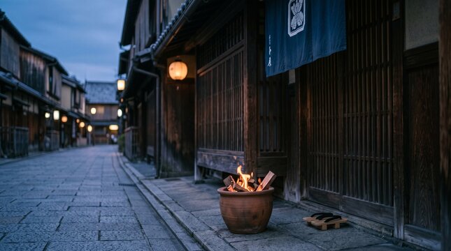 Traditional Japanese Gion Street Scene at Twilight with Cozy Outdoor Fire Pot