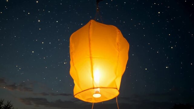 A glowing yellow lantern hangs against a starry night sky.