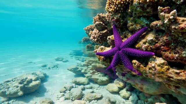 A vibrant purple starfish rests on a coral reef in clear turquoise water.