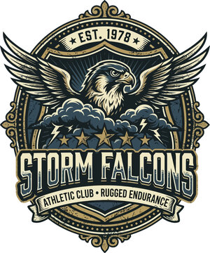 Storm falcons athletic club vintage badge with flying falcon and lightning