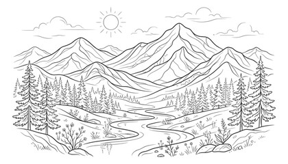 Fototapeta premium Mountain landscape with winding river and pine forest valley panorama vector outline illustration.