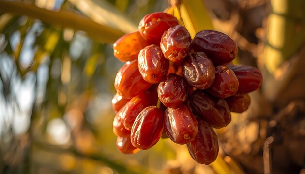 Close-up of fresh Medjool dates hanging on a date palm, warm sunlight, photorealistic, HDR, premium quality.