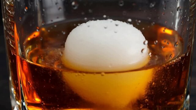 Close-up of a spherical ice cube floating in amber-colored liquid inside a glass with condensation droplets.