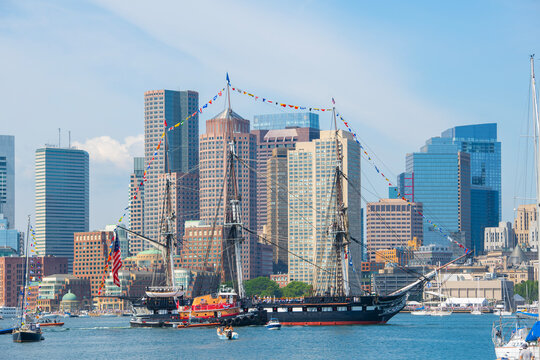 USS Constitution sailed in Boston Harbor durning Sail Boston 2026, Boston, Massachusetts, MA, USA.