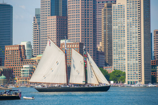 Adventure, a schooner sailing ship, sailed in Boston Harbor durning Sail Boston 2026, Boston, Massachusetts, MA, USA.