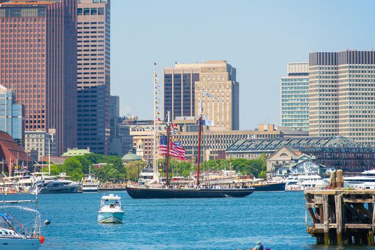 Adventure, a schooner sailing ship, sailed in Boston Harbor durning Sail Boston 2026, Boston, Massachusetts, MA, USA.
