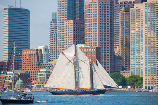 Ernestina-Morrissey, a Gaff-Rigged schooner sailing ship, sailed in Boston Harbor durning Sail Boston 2026, Boston, Massachusetts, MA, USA.