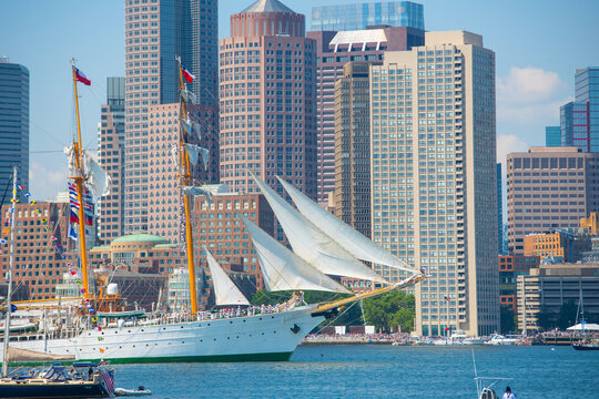 Esmeralda, a Barquentine sailing ship of Chile, sailed in Boston Harbor durning Sail Boston 2026, Boston, Massachusetts, MA, USA.