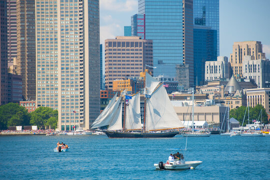 Ernestina-Morrissey, a Gaff-Rigged schooner sailing ship, sailed in Boston Harbor durning Sail Boston 2026, Boston, Massachusetts, MA, USA.