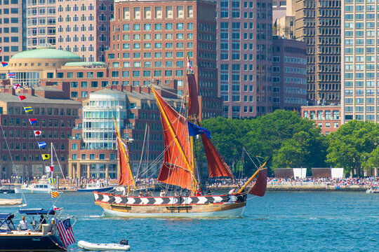 Virginia, a Pinnace sailing ship, sailed in Boston Harbor durning Sail Boston 2026, Boston, Massachusetts, MA, USA.