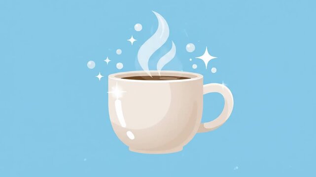 Animated cup of steaming hot coffee with sparkling bubbles on blue
