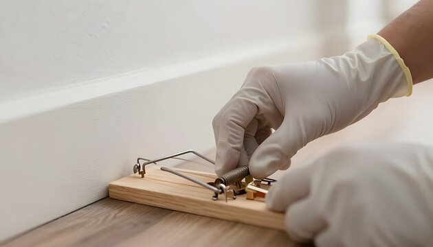 A person wearing white gloves places bait or adjusts a metal snap trap on a wooden base, aiming to catch pests in an indoor setting.