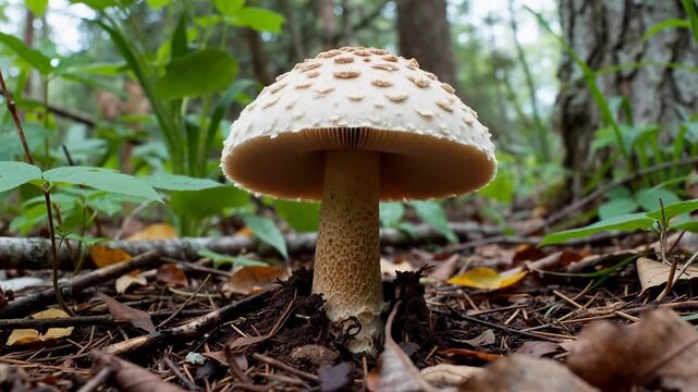A close-up of a large, white mushroom with brown spots growing in a forest floor covered in leaves and twigs.
