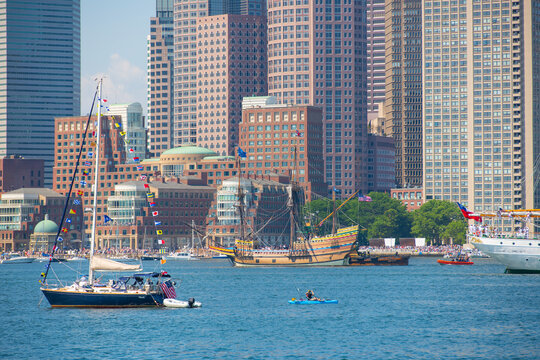Mayflower II, a Barque sailing ship of USA, sailed in Boston Harbor durning Sail Boston 2026, Boston, Massachusetts, MA, USA.
