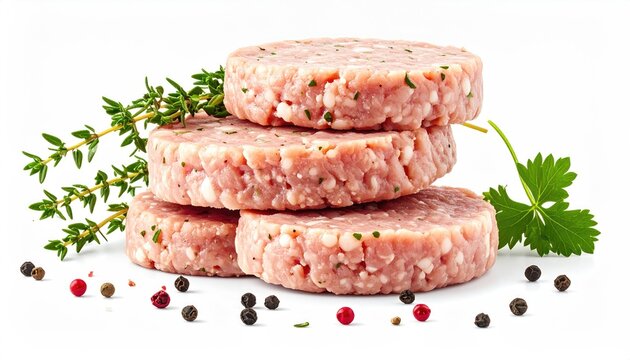 Stack of four raw, seasoned ground meat patties with herbs and peppercorns