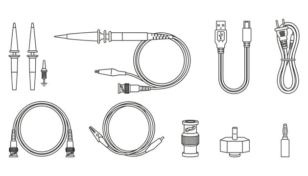 Oscilloscope probe and test lead set including coaxial bnc cable connector collection illustration.