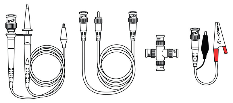 Bnc adapter and signal probe connection set featuring coaxial cable and clip designs illustration.