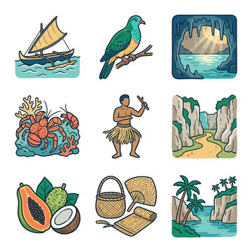 Niue cultural icons featuring vaka outrigger canoe, Pacific pigeon, Avaiki cave, coconut crab, Niuean dancer, limestone chasm, tropical fruits, and traditional woven handicrafts on white.