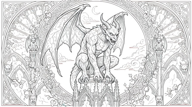 Gothic gargoyle statue line art, winged demon creature on cathedral roof, intricate medieval architectural coloring page vector