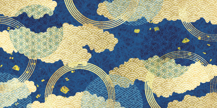 Traditional Japanese Gold Cloud Pattern on Indigo Blue Background
