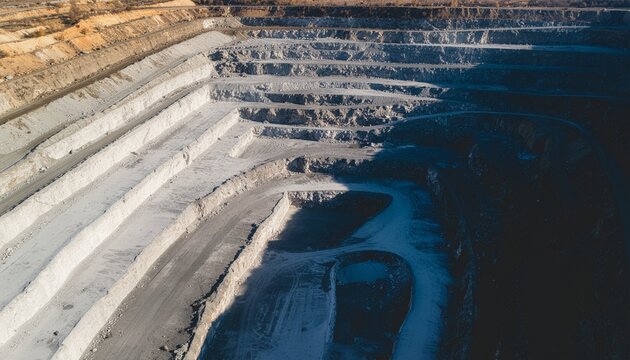 Aerial view of a large open pit limestone quarry for mineral extraction
