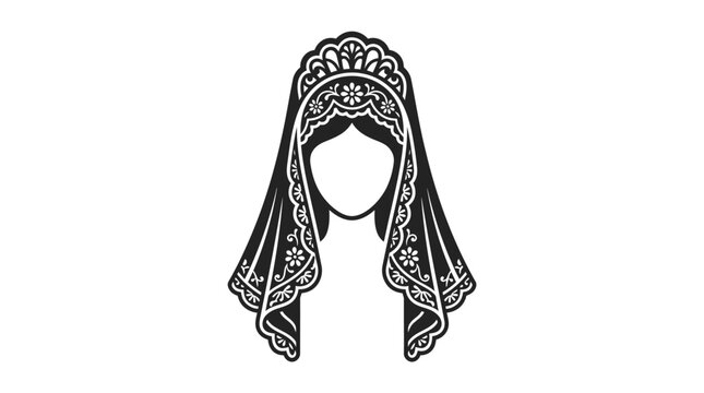 A black and white vector illustration of a traditional lace mantilla veil worn by a woman.