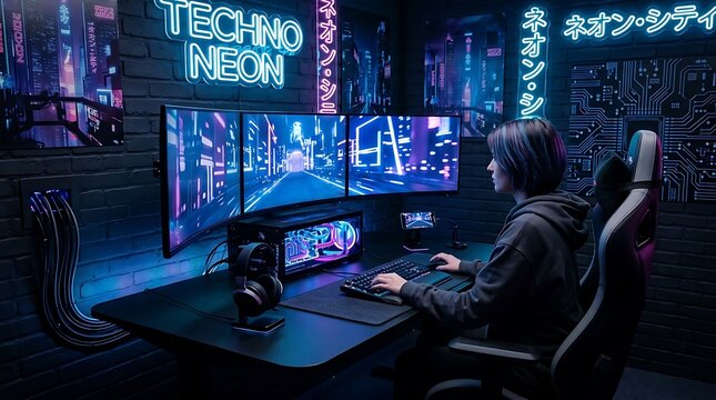 Gamer immersed in neon-lit virtual reality setup.