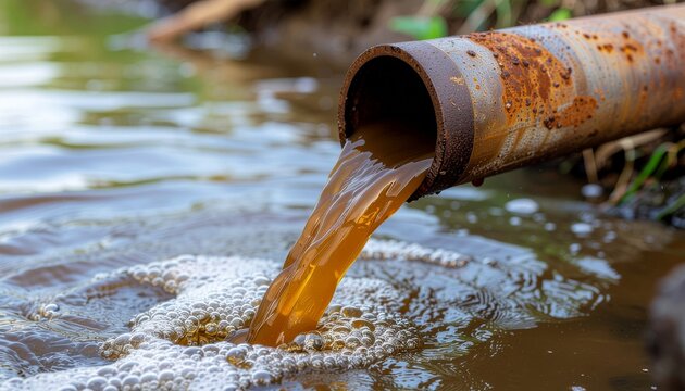 Brown toxic waste liquid flowing from rusty pipe into river water.
