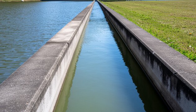 Concrete irrigation canal separating a water reservoir and green grass bank
