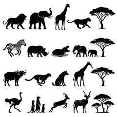Obraz premium African Safari Animals Silhouettes Set Vector Illustration