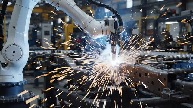 Industrial robotic arm performs precise arc welding on metal chassis with bright sparks and blue light in factory environment